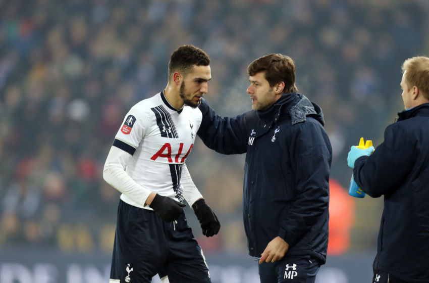 LEICESTER, ENGLAND - JANUARY 20 : Nabil Bentaleb of Tottenham Hotspur with manager Mauricio Pochettino of Tottenham Hotspur during The Emirates FA Cup Third Round Replay match between Leicester City and Tottenham at the King Power Stadium on January 20 , 2016 in Leicester, United Kingdom. (Photo by Plumb Images/Leicester City FC via Getty Images)