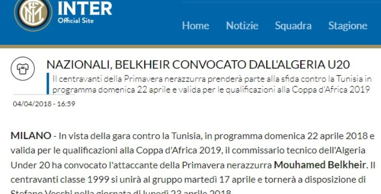 U20 : Belkheir (Inter Milan) attendu au stage
