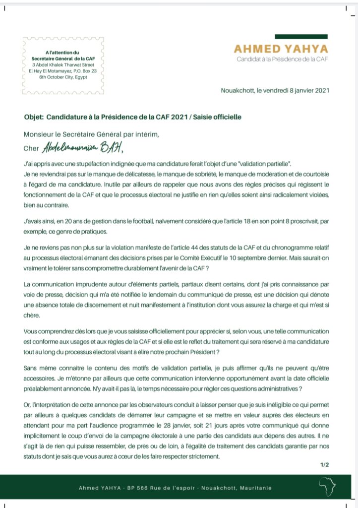 courrier ahmed yahya mauritanien caf