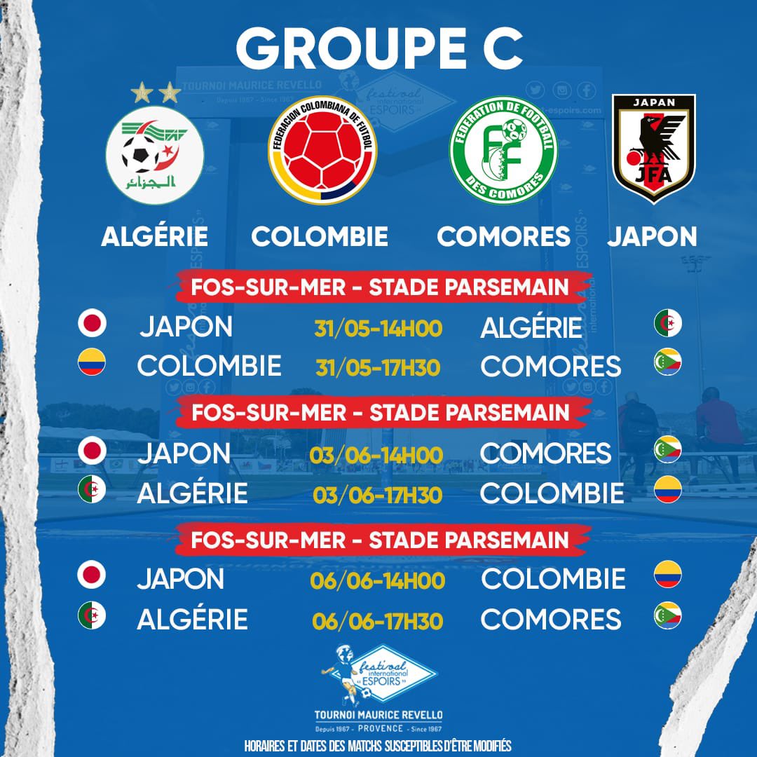 programme tournoi maurice revello 2022 groupe c algerie japon colombie comores