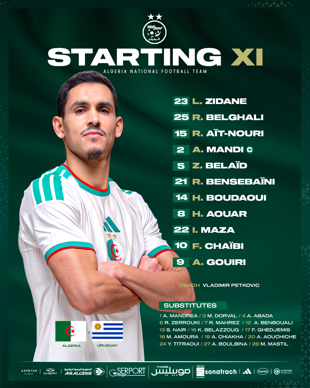 11 de départ Algérie vs Uruguay