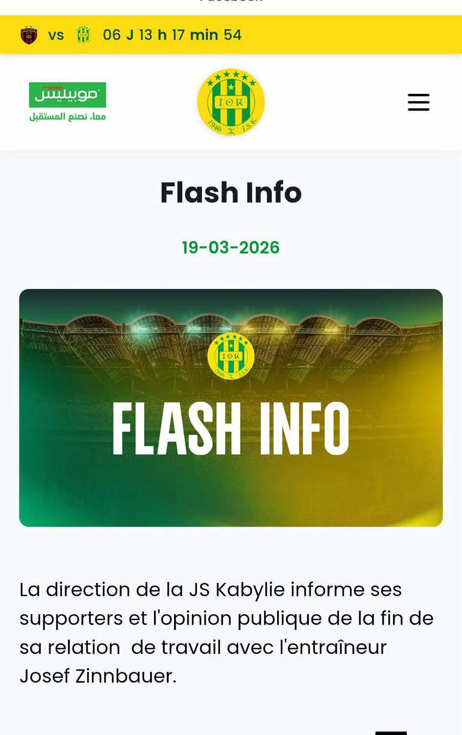 Communiqué de la JSK sur le départ de Zinnbauer