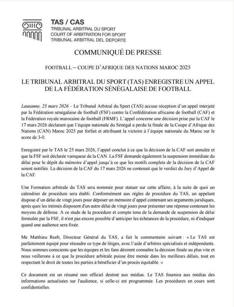 Communiqué du TAS sur l'affaire Maroc Sénégal