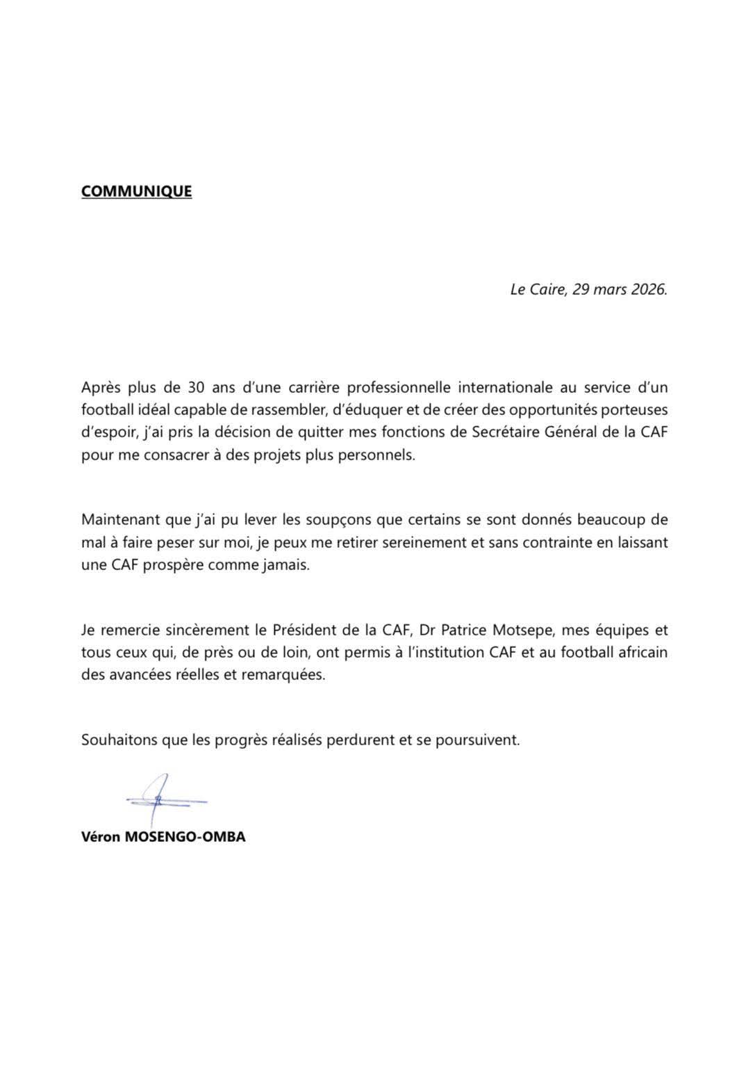 Communiqué Veron Mosengo-Omba