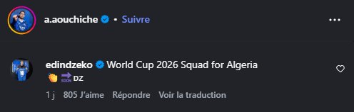 Commentaire de Džeko sous la publication d'Aouchiche