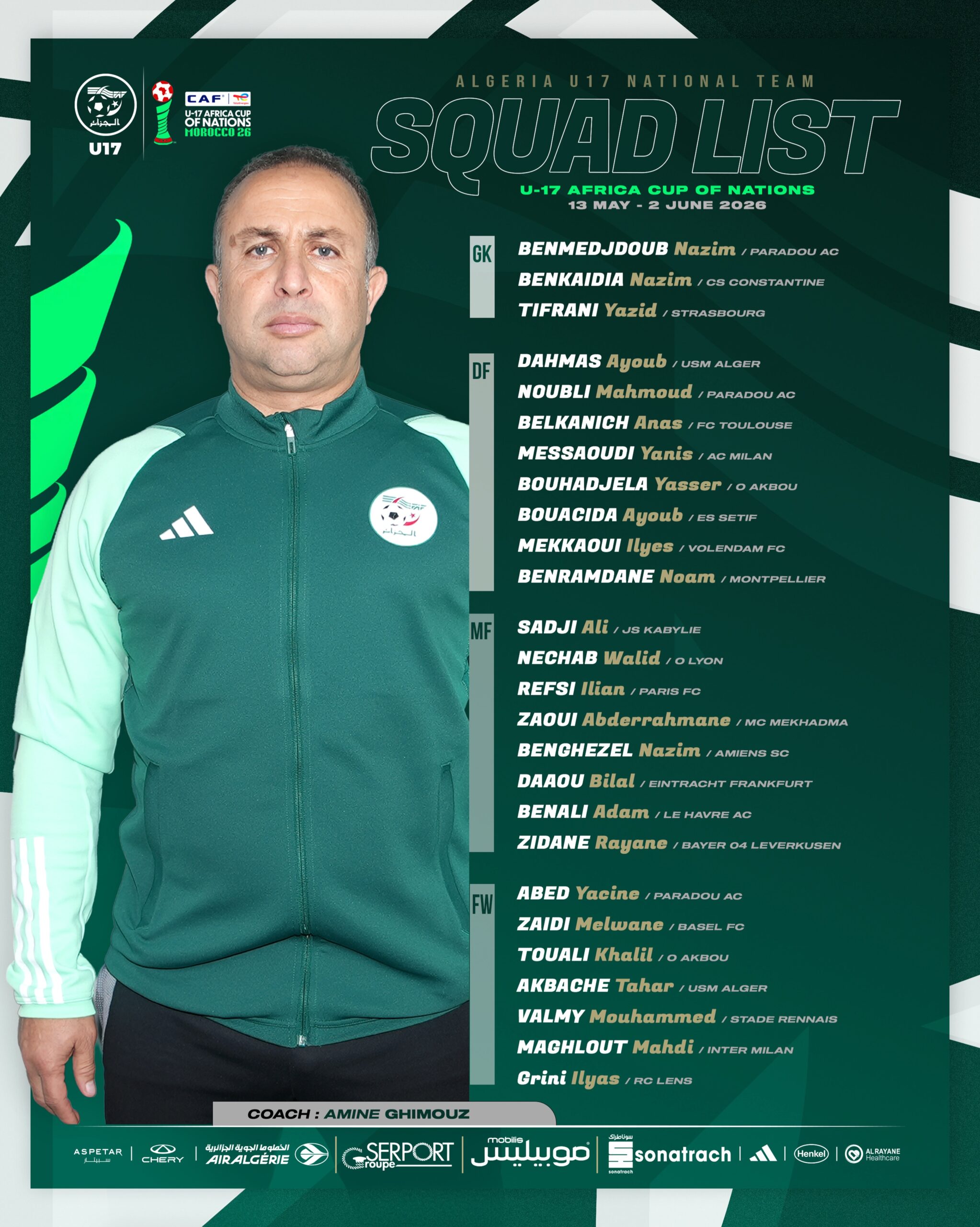 La liste de l'Algérie U17 pour la CAN 2026