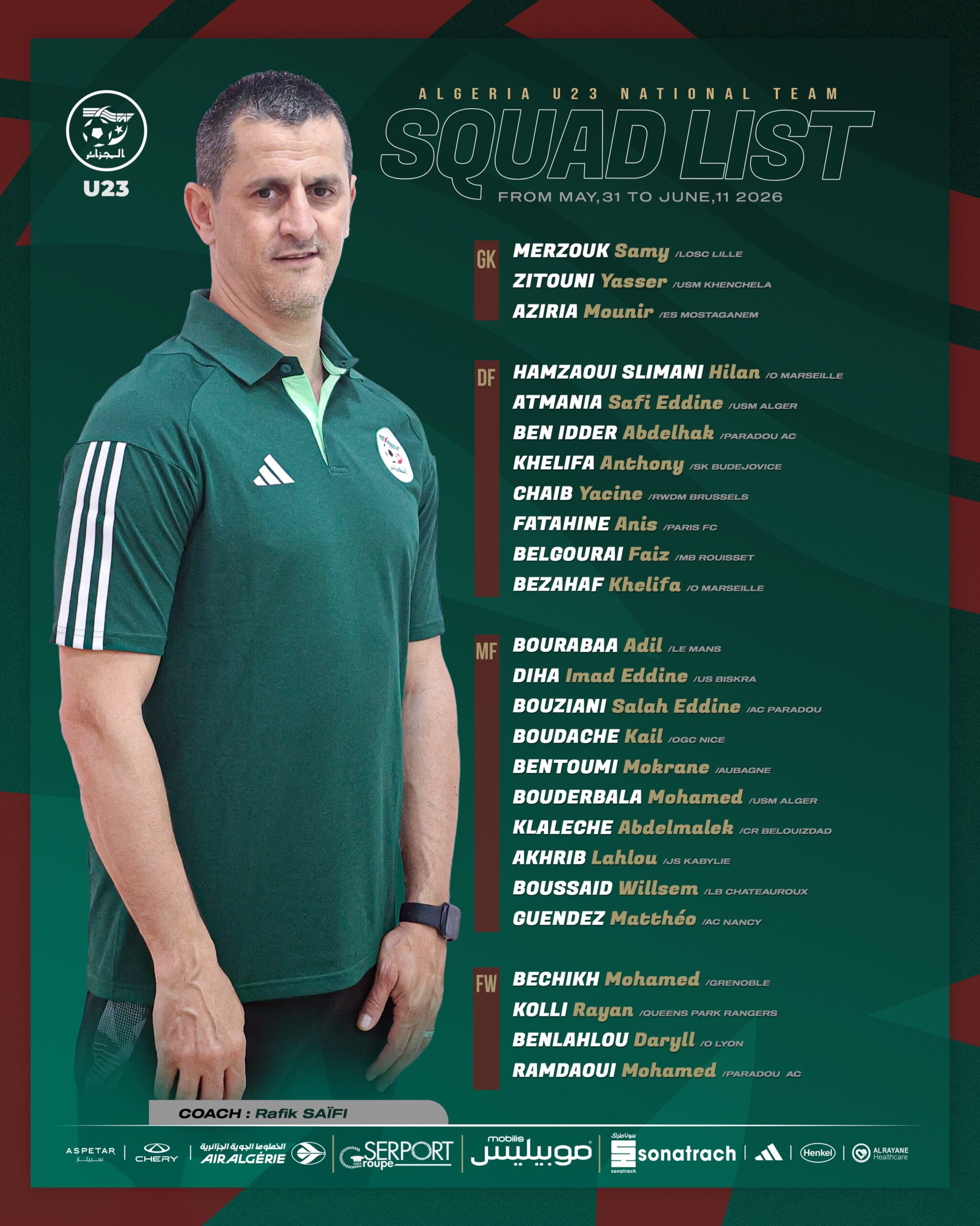 Liste Algérie U23 - Stage juin 2026