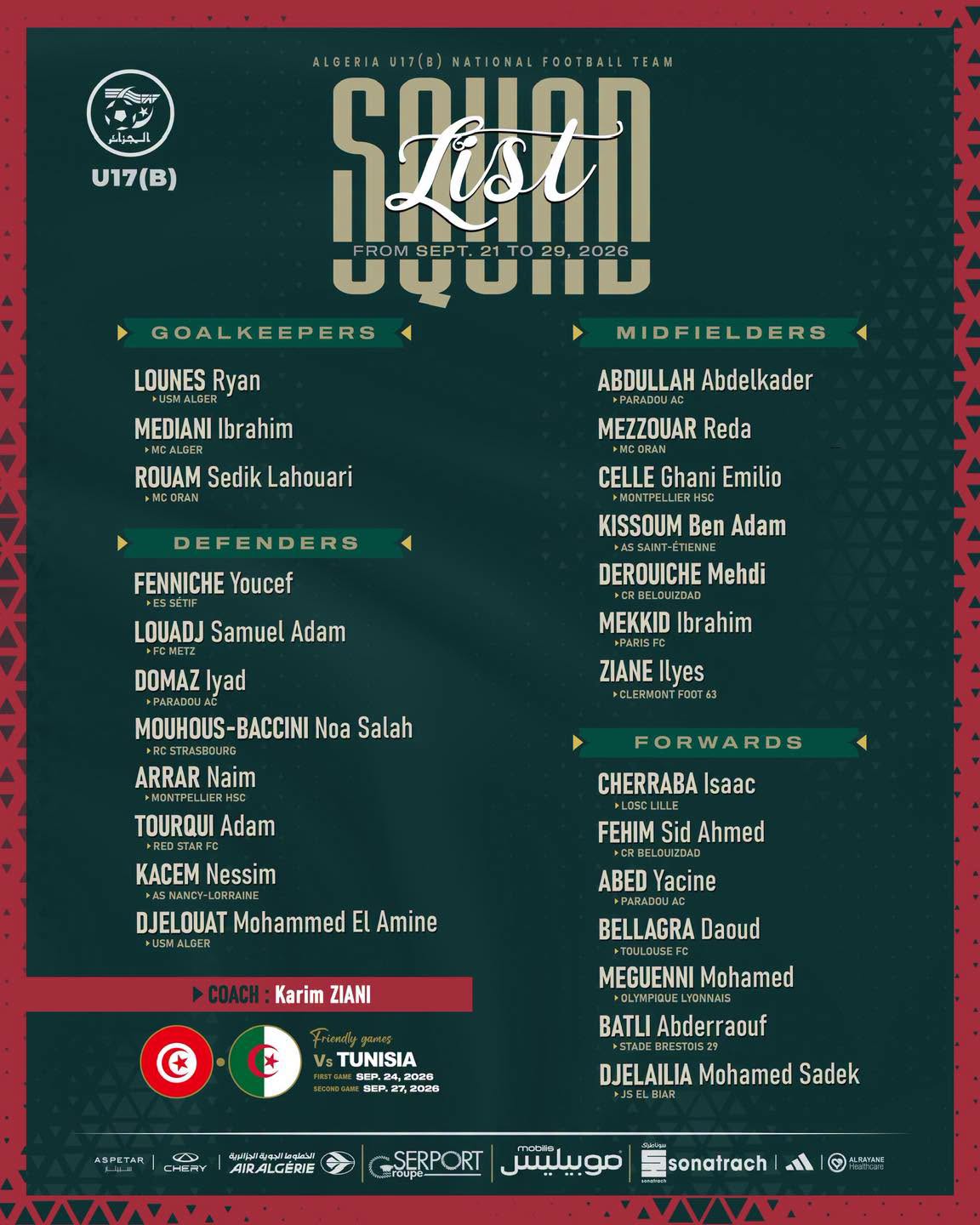 Algérie U17-B : La liste de Karim Ziani pour le stage de septembre
